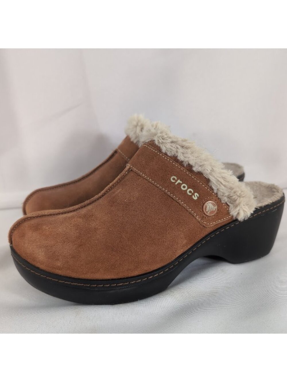 CROCS Cobbler Clogs Women 9 Shoes Tan Brown Cream Heel 11602 Suede Fur Lined